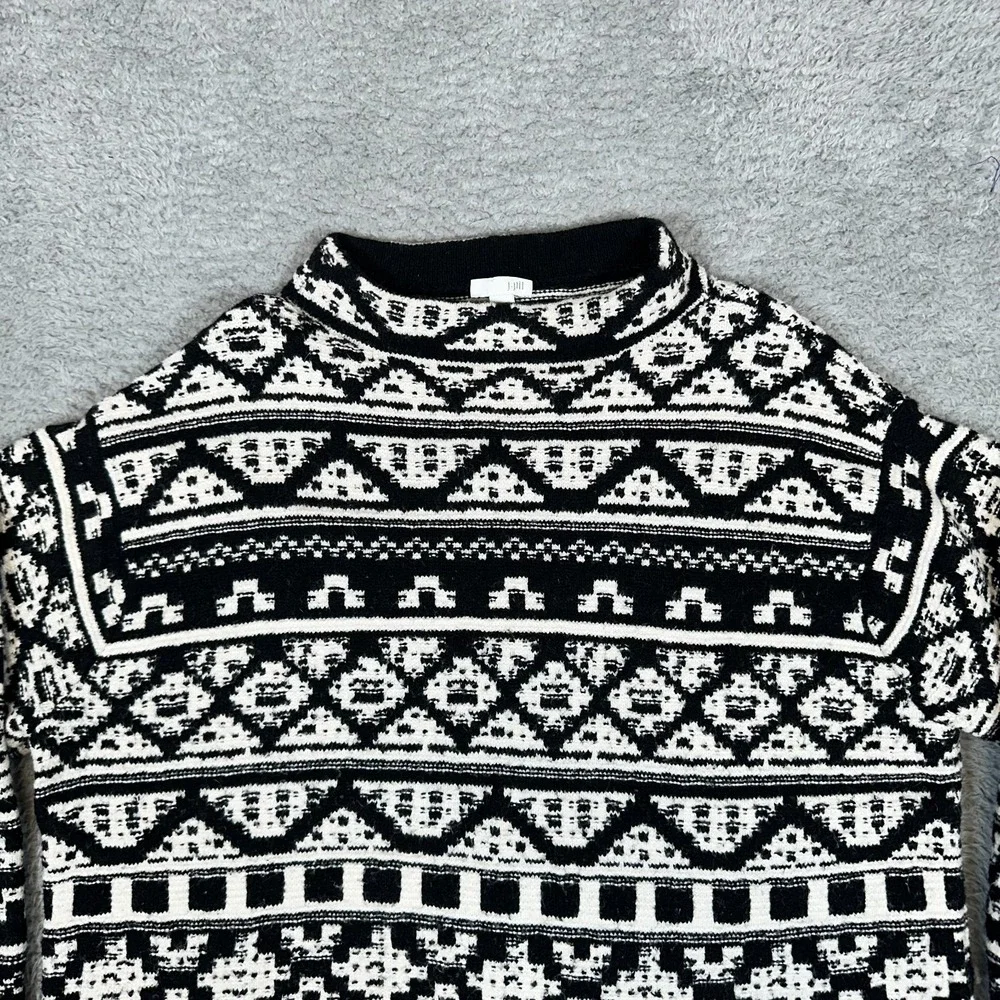 J.JILL Thick Knit Cotton Wool Blend Black & White‎ Pullover Mock Neck Sweater L